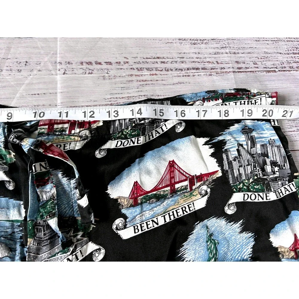 Joe Boxer VTG 100% Silk Pajama Set Men Black Novelty Travel Landmark Print Large